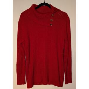 Calvin Klein Women M Red Textured Button Neck Knit Sweater Cozy Winter Christmas